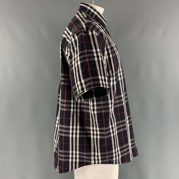 BURBERRY Navy White & Red Plaid Cotton Button Down Short Sleeve Shirt - Picture 2 of 7